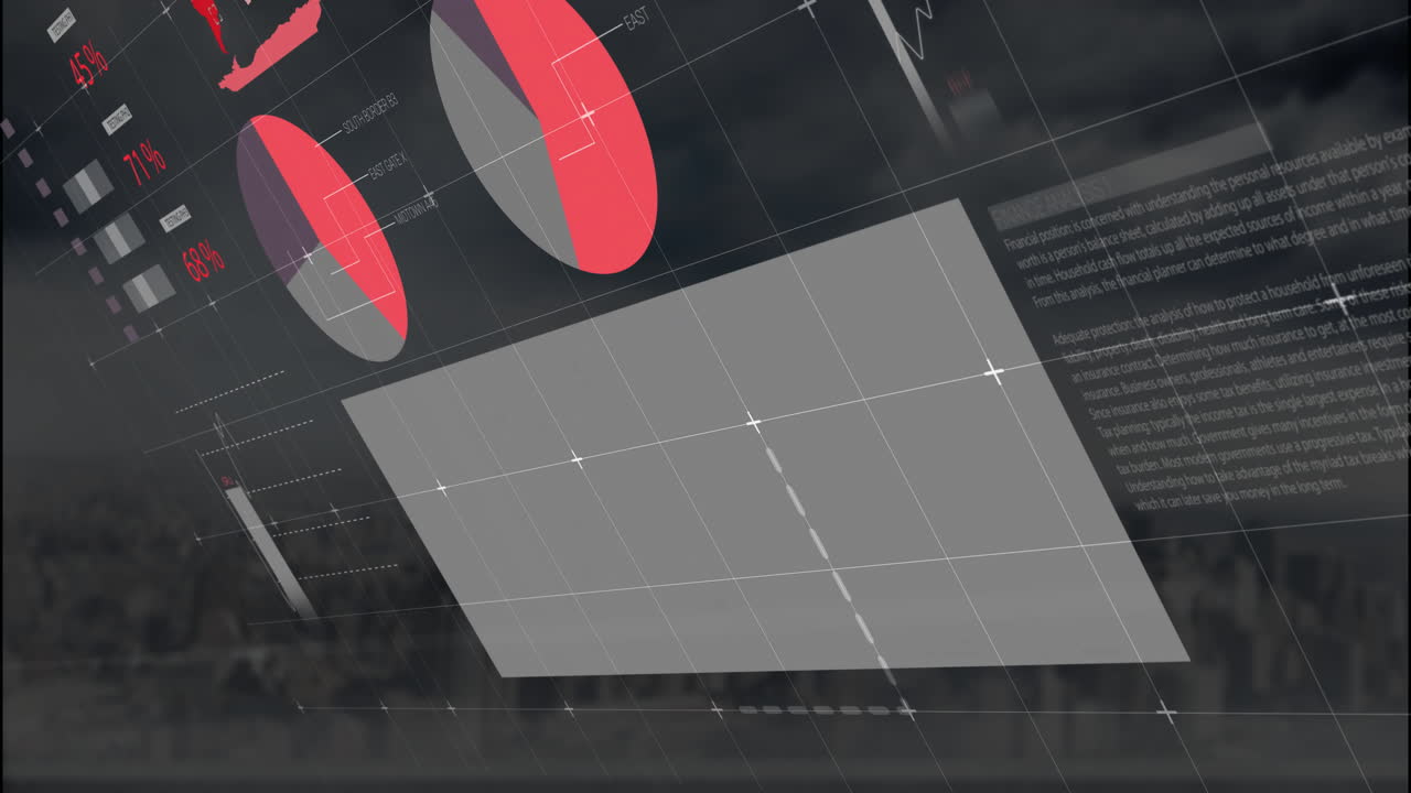 Animation of digital graphs and data visualization overlaying cityscape background