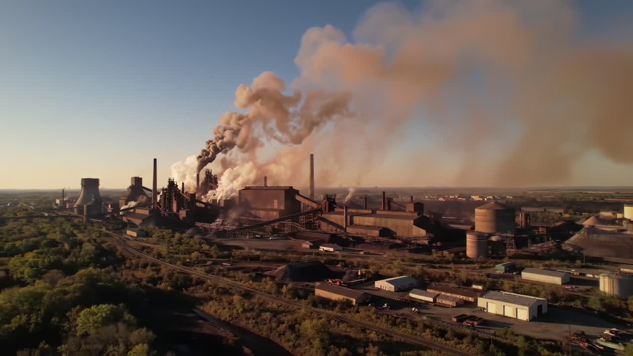 Industrial Complex Discharging Smoke and Pollution into the Atmosphere, Captured at Sunrise with Surrounding Greenery, Depicting the Dichotomy of Industry and Nature