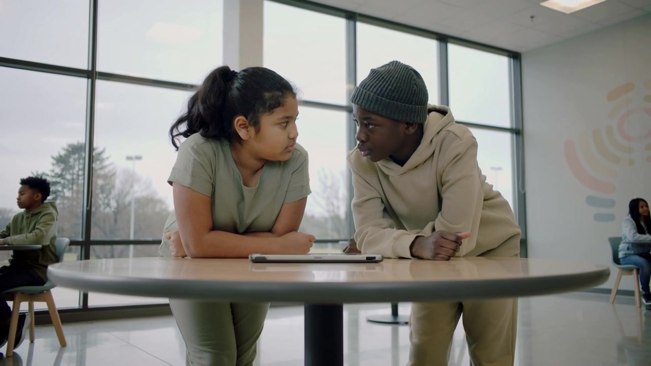 Leaning teen students focusing on tablet, speaking and listening at school cafe, hoodie ponytail