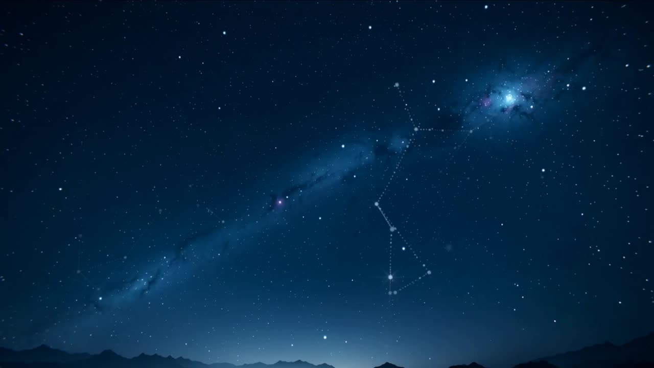 Glowing star nodes forming dotted lines above mountain ridge, connecting and revealing Milky Way