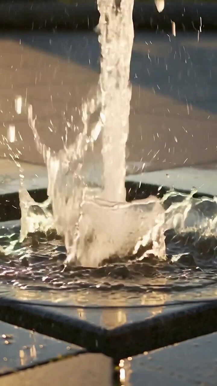 Video verticale: getto d'acqua che cade creando uno spruzzo a corona nello scarico di una vasca pavimentata, alimentando la circolazione