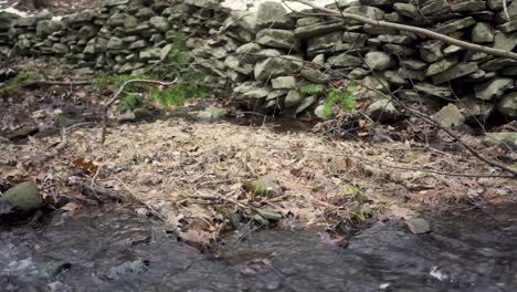 panning left and tilting up to follow a small river and revealing a small waterfall that is half frozen