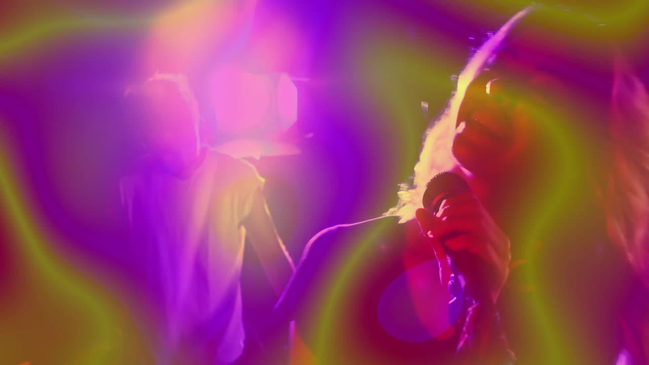 Pulsing neon waves driving lead singer grasping mic on music stage trading vocals with male partner