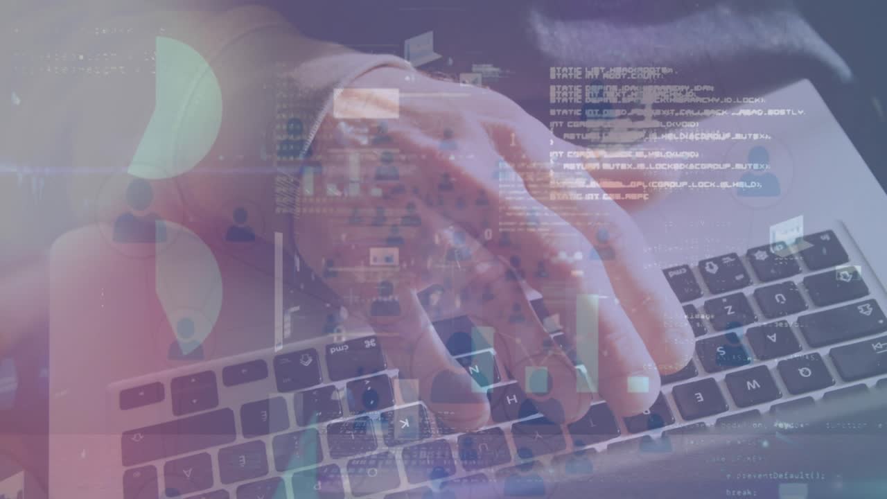 Animation of data processing over covid keyboard and falling euro banknotes