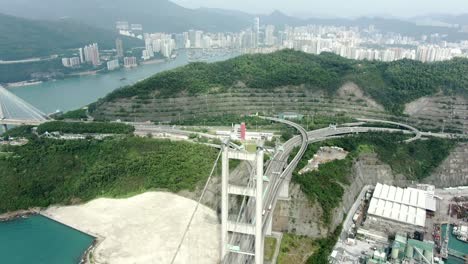 Hong-Kong-bay-and-Tsing-Ma-bridge,-Aerial-view