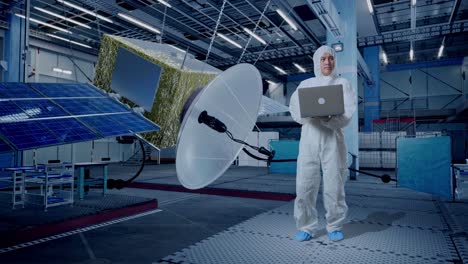full body of asian male scientist typing on a laptop and looking around with spacecraft construction