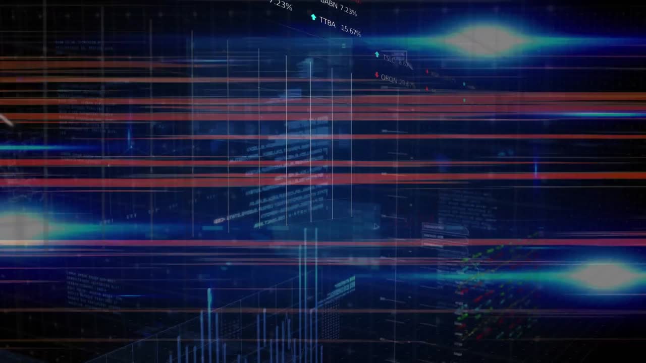 Animation of interference and light spots over financial data processing on black background