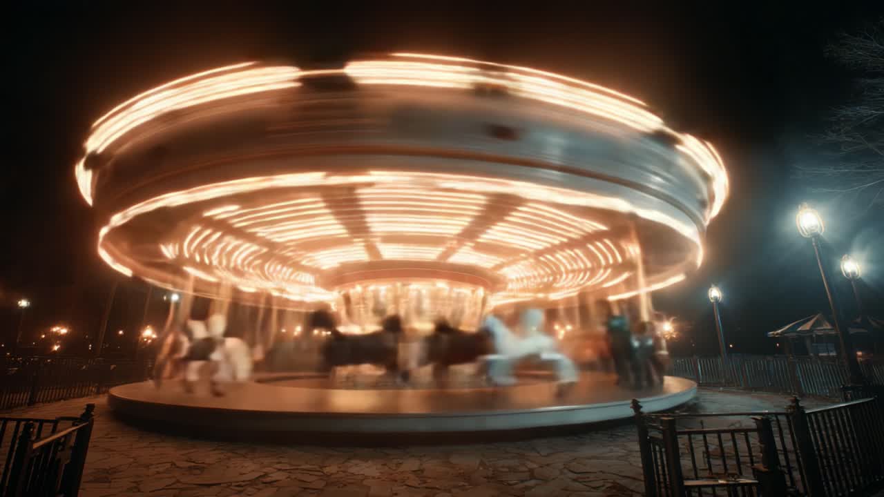 A Captivating Nighttime Carousel Experience: The Magical Dance of Lights and Motion Under the Stars