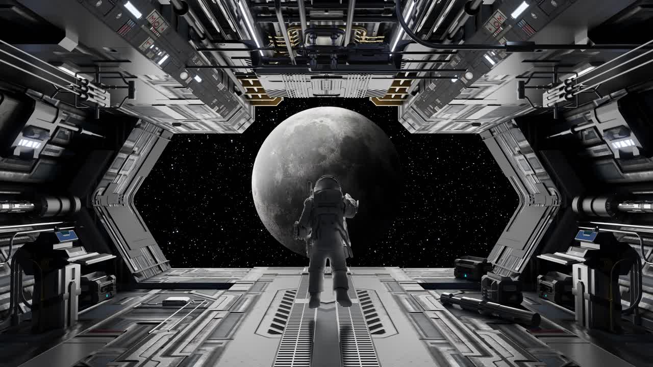 Astronaut observing moon from spaceship bay window