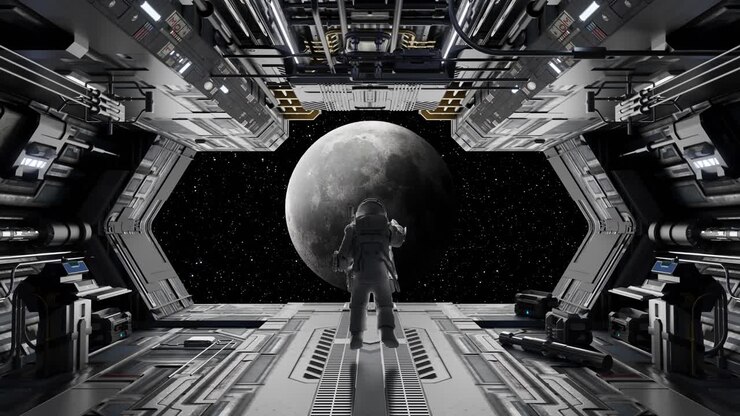 Astronaut observing moon from spaceship bay window
