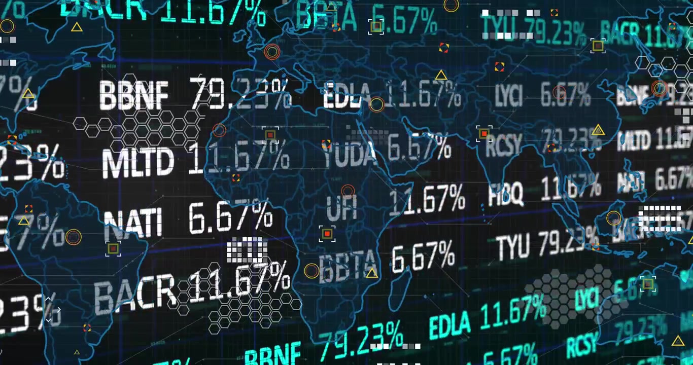 Animation of globe of network of connections with digital icons and data processing