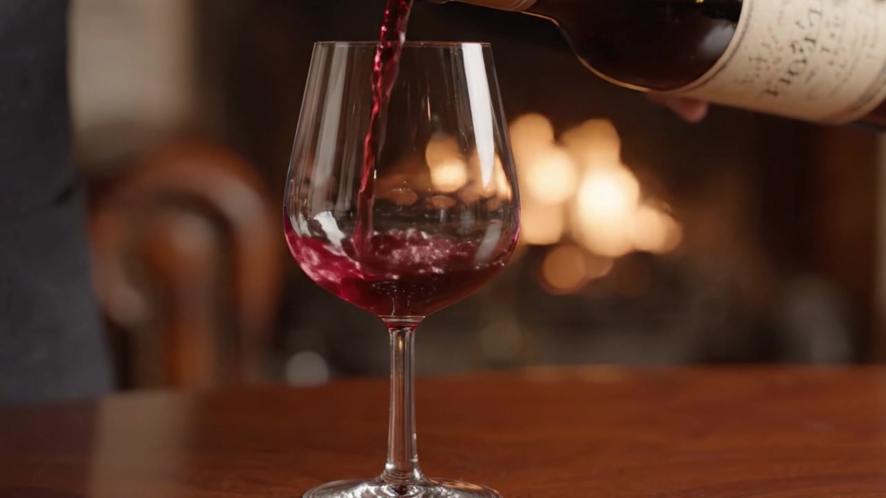 Un momento cautivador: Vertiendo vino tinto intenso en una copa elegante, creando un ambiente acogedor junto a una cálida chimenea para ofrecer confort e indulgencia.