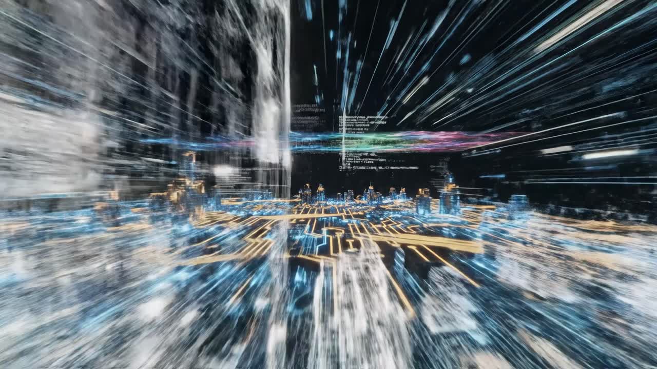 Futuristic Digital Cityscape with Code and Technology