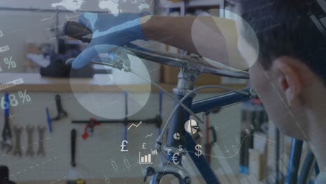 animación de procesamiento de datos financieros sobre hombre caucásico arreglando bicicleta en el taller