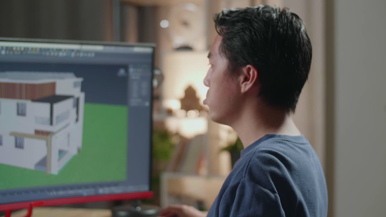 3d 하우스 모델을 작업하는 동안 목 통증을 경험하는 남자