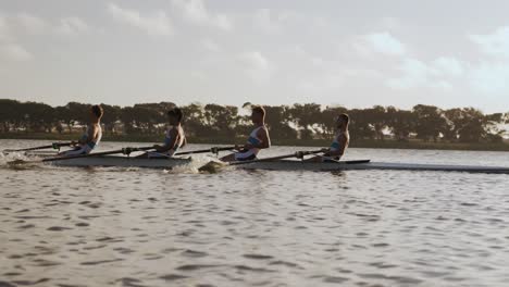 side view of male rower team rowing on the lake