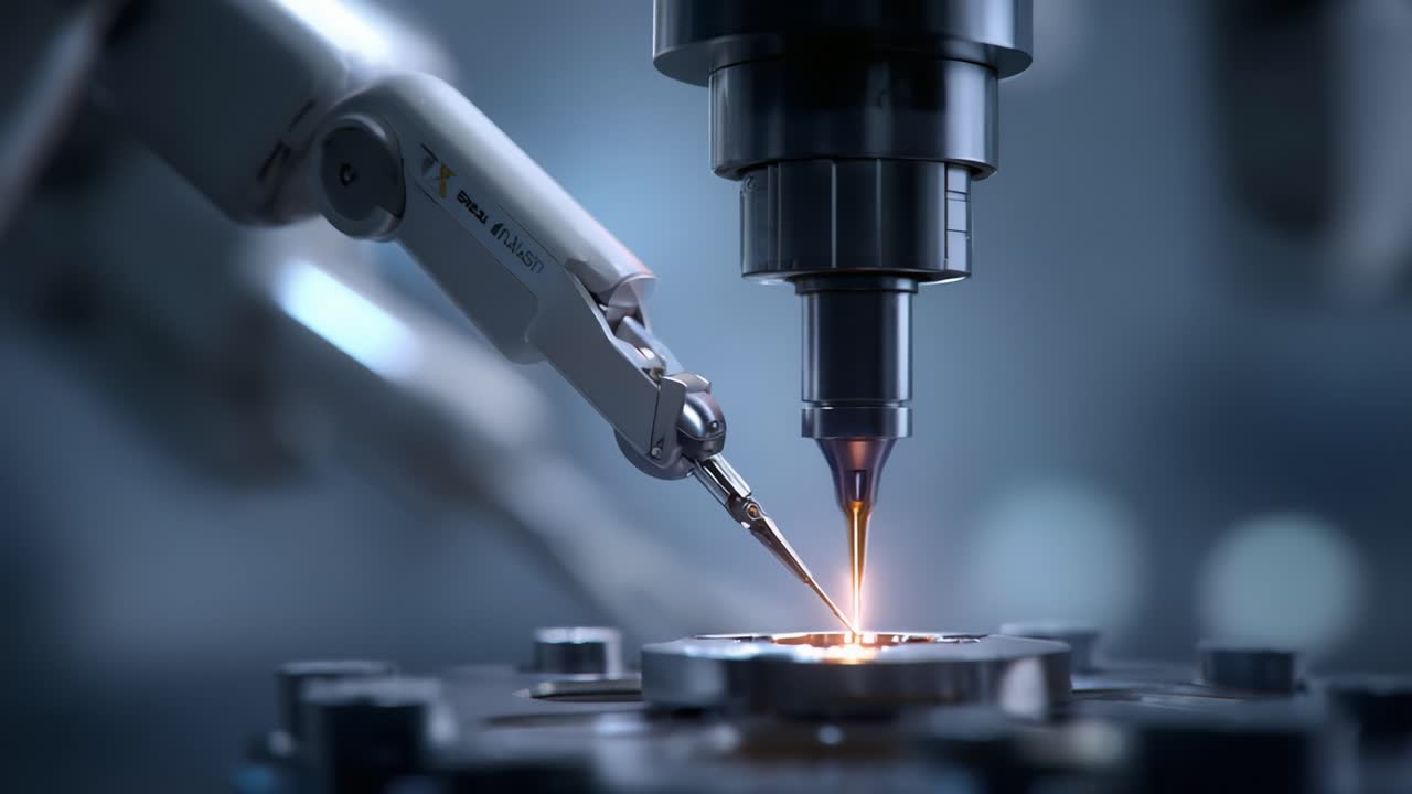 Precision Manufacturing: Robotic Arm Engaging in High-Technology Automated Welding Process in a Dynamic Industrial Environment