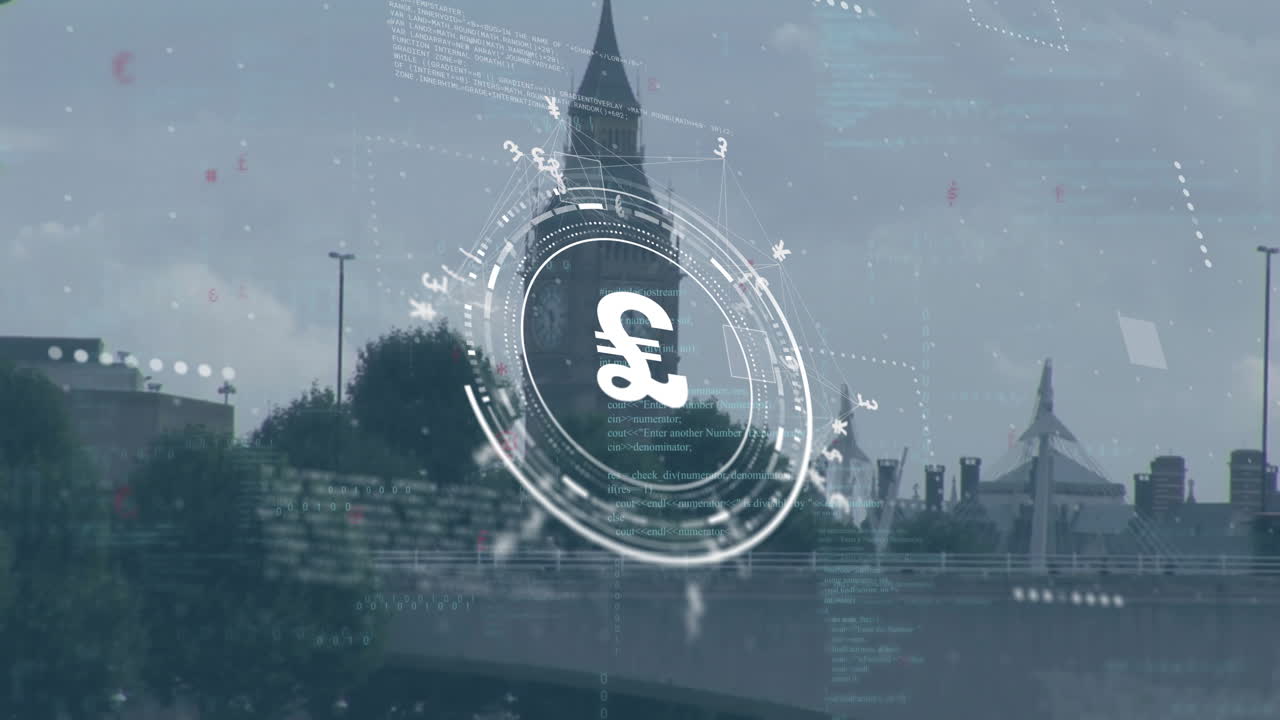 파운드 기호의 애니메이션과 도시 풍경에 대한 금융 데이터 처리