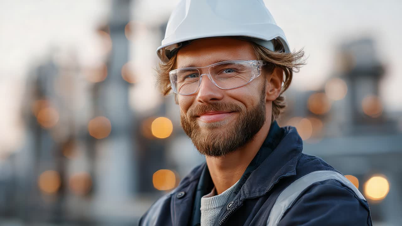 A smiling industrial worker wearing safety gear and glasses exudes confidence and professionalism on a construction site, highlighting the importance of safety in the workplace