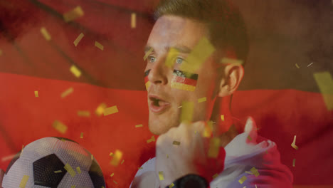 animation von goldenen konfetti über jubelnden kaukasischen männlichen fußballfans mit deutscher flagge und gesichtsfarbe