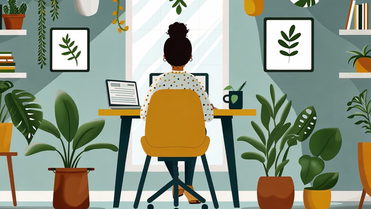 Illustration of a person working from home in a plant-filled office