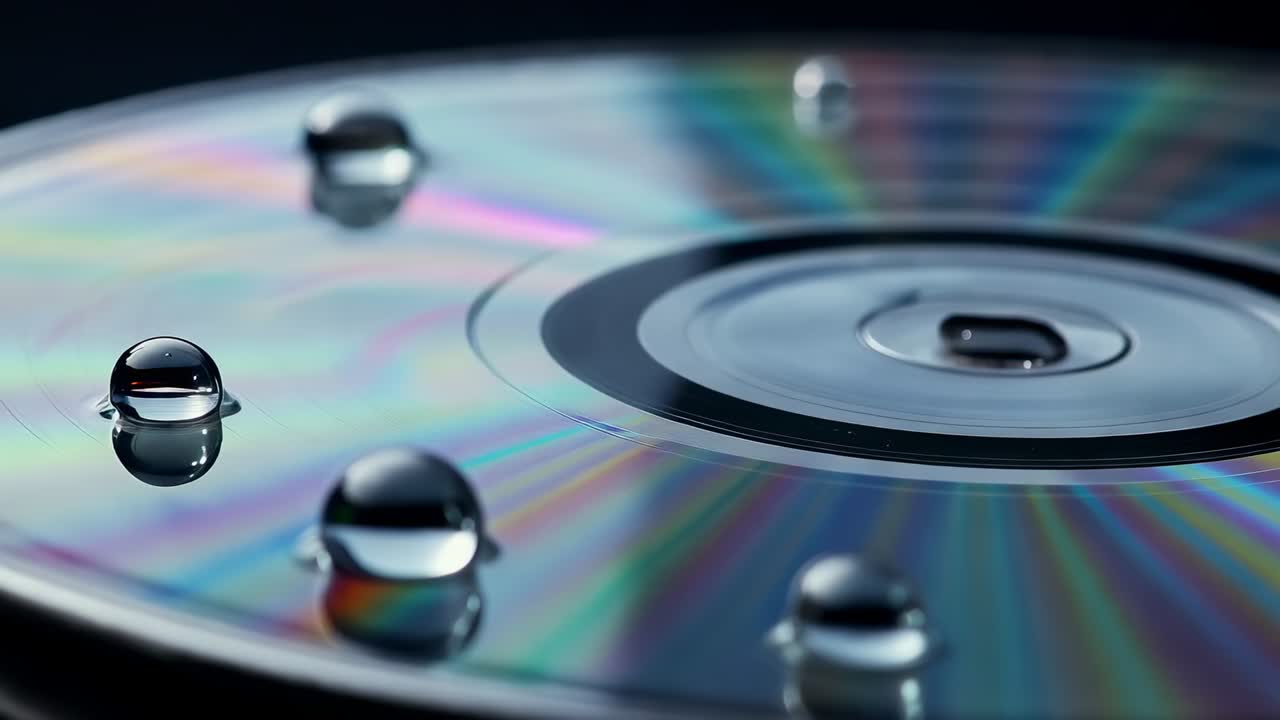 Zoomende kamera, der fanger en stor vanddråbe på en CD, skifter fokus og afslører regnbuefarver og hub