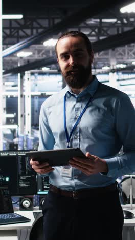 vertical video man briefing investors on server room machine learning hardware