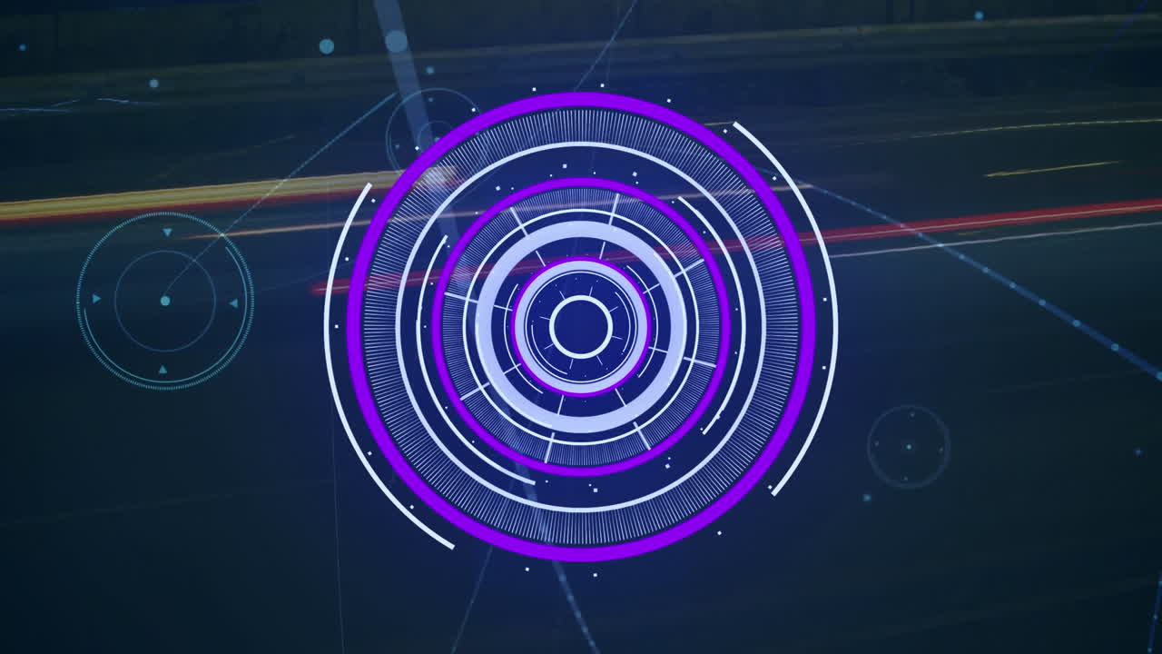 animación del escáner redondo y la red de conexiones contra el lapso de tiempo del tráfico urbano