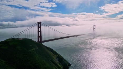 aerial view descending in front of the golden gate bridge, in foggy san francisco