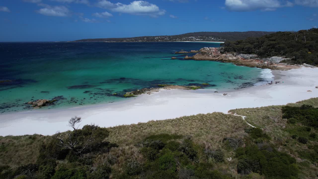 White Sandy Shore And Turquoise Water In Jeanneret Beach, Tasmania, Australia - Aerial Shot