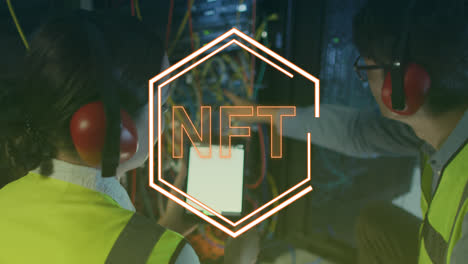 animation of nft text over diverse workers in server room