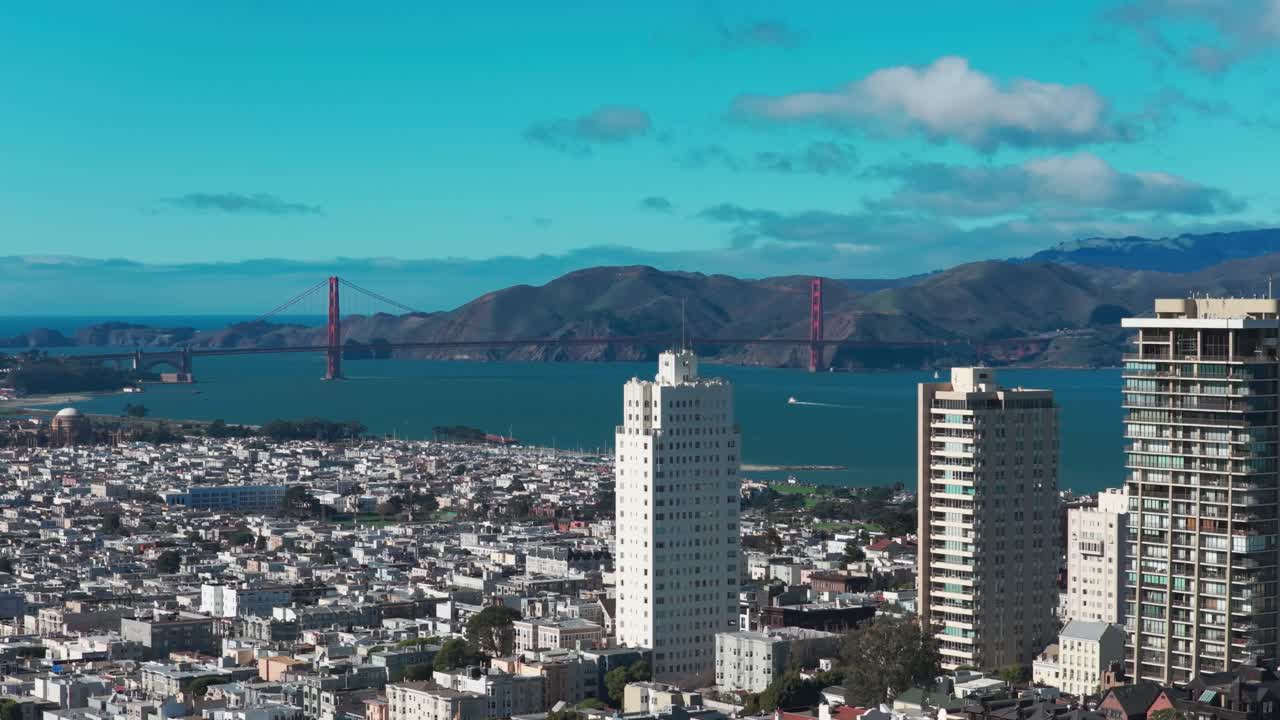 カリフォルニア州サンフランシスコの海峡にかかるゴールデンゲートブリッジを広角でパンする空撮ショット。4K。