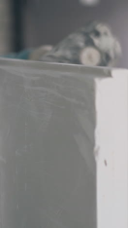 professional man holds special wall measures and beats gypsum plasterboard construction with rubber hammer closeup