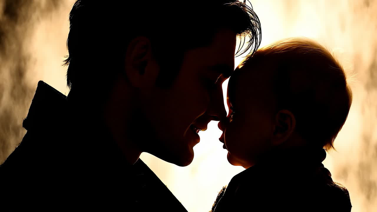 Father and child share a tender moment. A man cradles his baby, their silhouettes glowing softly, illustrating their loving bond
