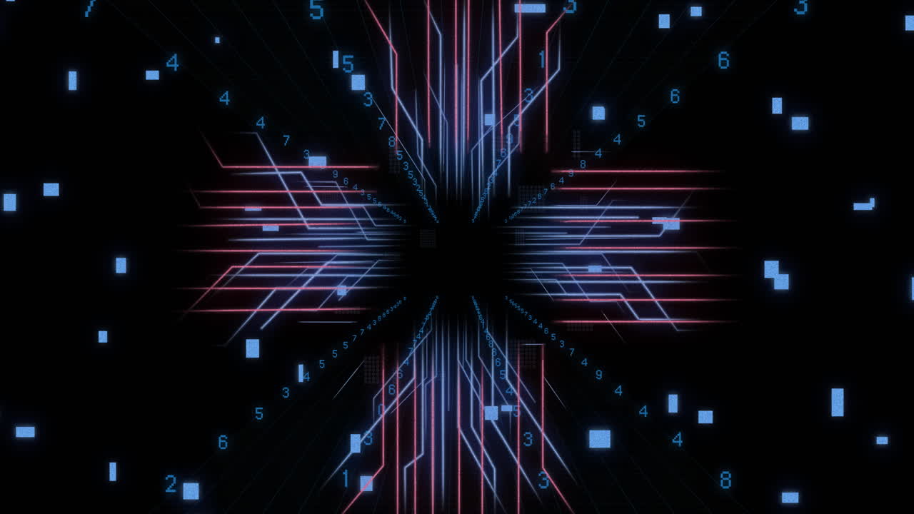 Animation of digital data processing and circuit board over black background
