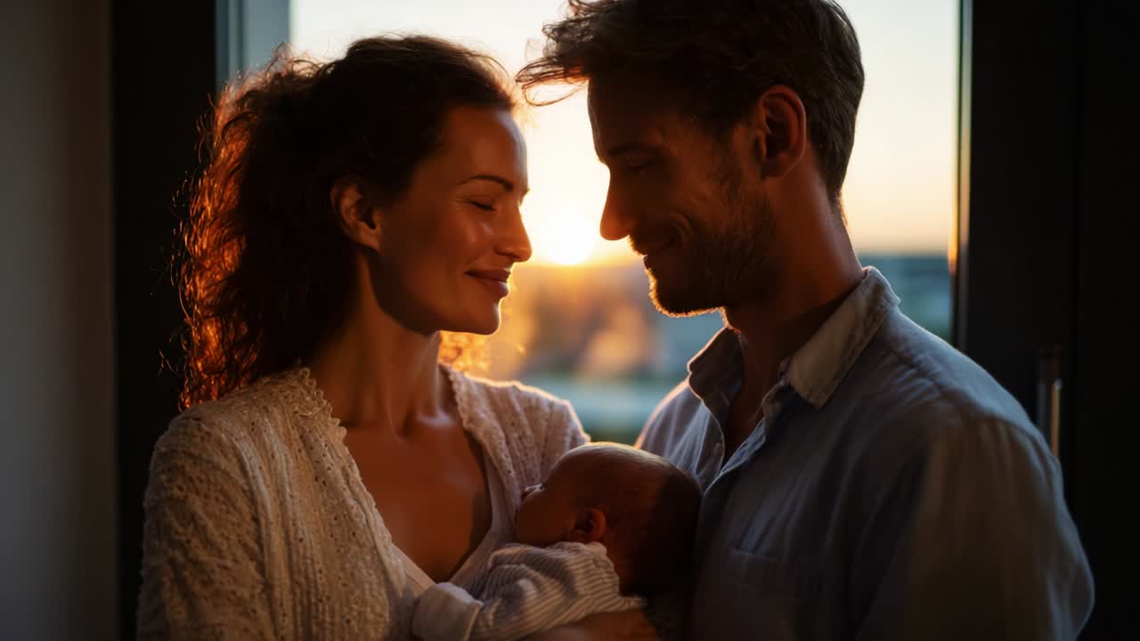 A Heartfelt Moment Between Parents and Their Newborn, Bathed in Warm Sunset Glow, Capturing the Essence of Love, Joy, and Connection in a Serene Indoor Setting