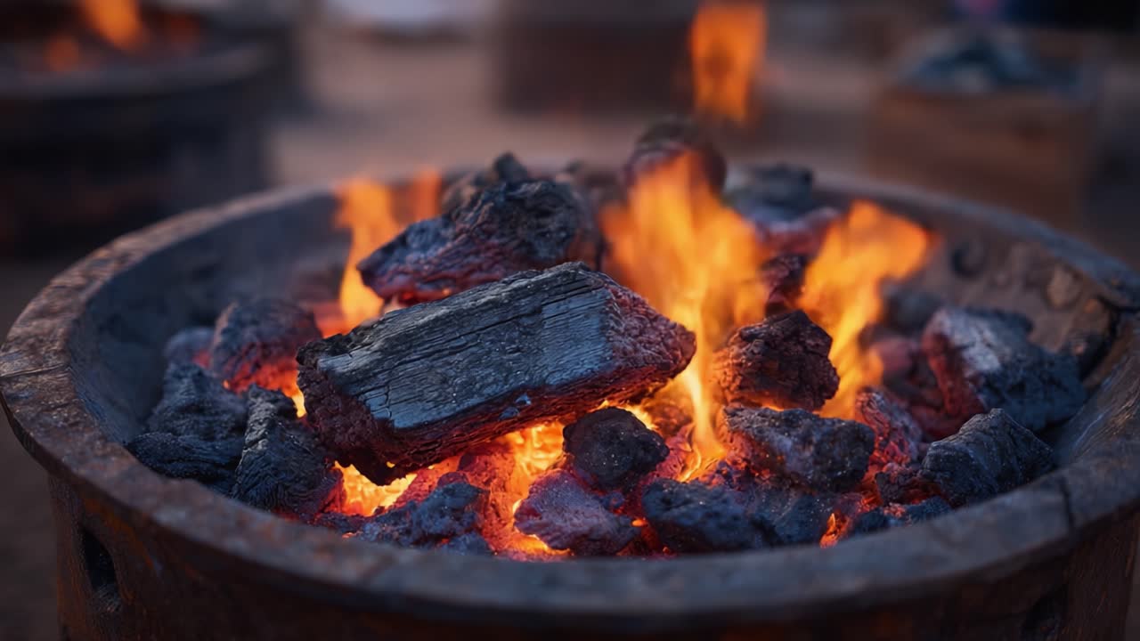 Uma Fossa Incandescente de Brasas: Chamas Cativantes Dançam Sobre Troncos Carbonizados Numa Lareira Rústica, Iluminando a Escuridão com o Seu Brilho Quente e Convidativo.