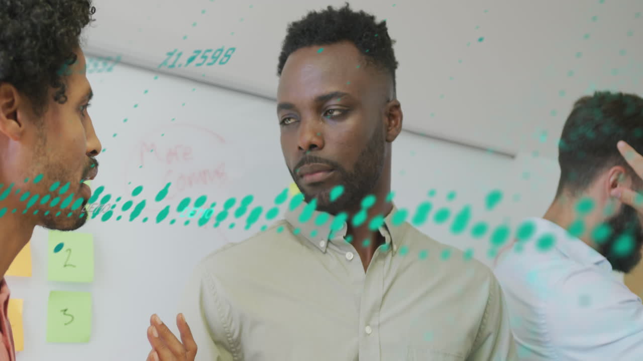 Animation of data processing over diverse business people in office
