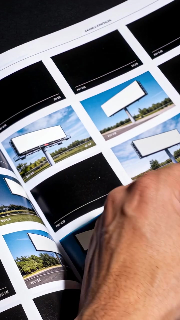 Vertikal video: Høyre hånd blar i katalog og plasserer hvitt kort på mørkt skrivebord, velger annonse.
