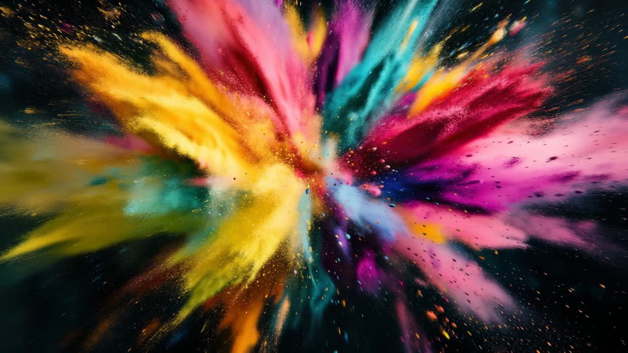 Esplosione vibrante di polvere colorata catturata in uno scatto dinamico e ad alta angolazione, che assomiglia a un video