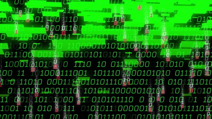 Verstrooiende groene cijfers initiëren binaire stromen en balken die versnellen om dichte digitale regen te visualiseren