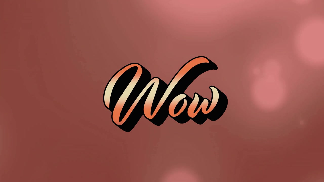 Animazione del testo "wow" su sfondo con motivo al neon