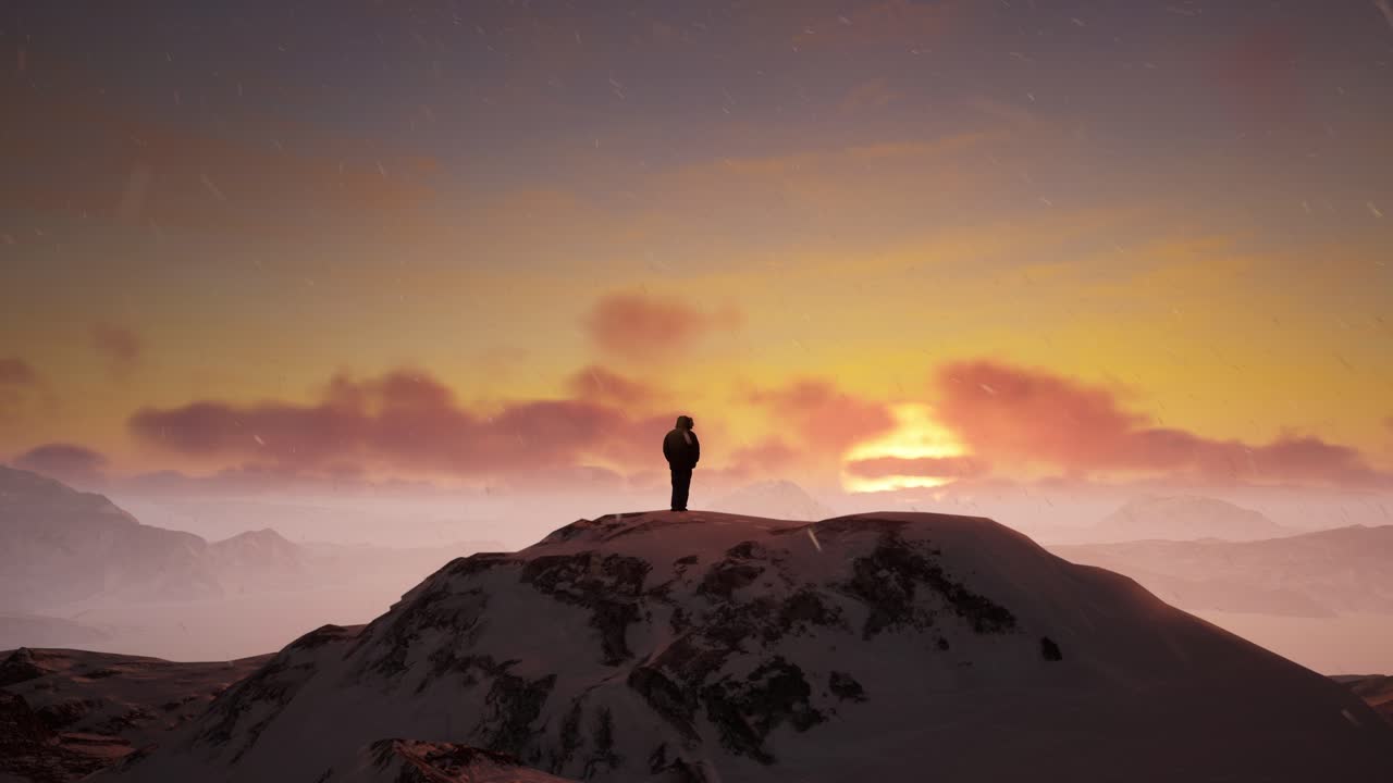 una persona de pie en la cima de una montaña cubierta de nieve con una puesta de sol en el fondo. vista aérea de paisaje nevado frío, 4k irreal una captura de pantalla