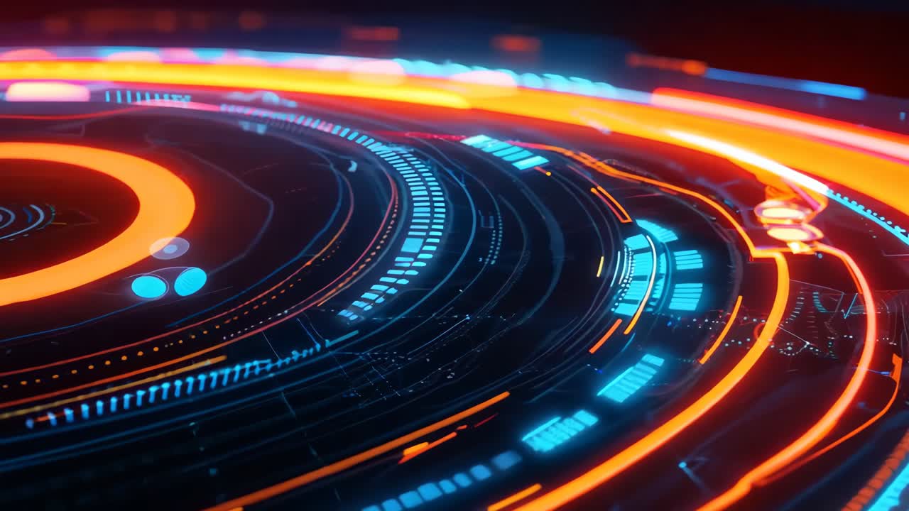 A close up of a futuristic interface with a blue and orange light