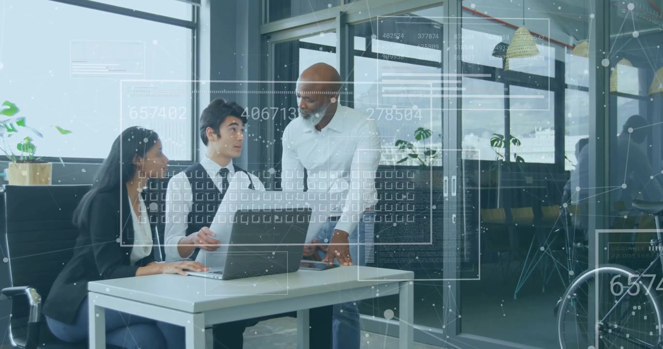 Processing business data animation, diverse colleagues discussing in modern office