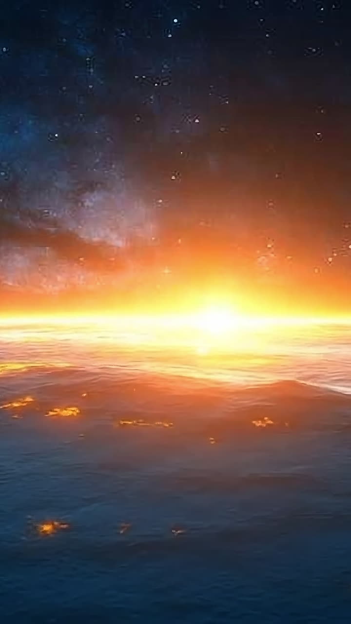 Vibrant sunrise over a distant planet. A stunning sunrise lights up an alien horizon with bright orange hues and distant stars in the night sky.