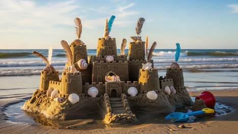 a vibrant sandcastle standing proudly on the beach, adorned with colorful feathers and seashells, as gentle waves roll in under a scenic sunset sky