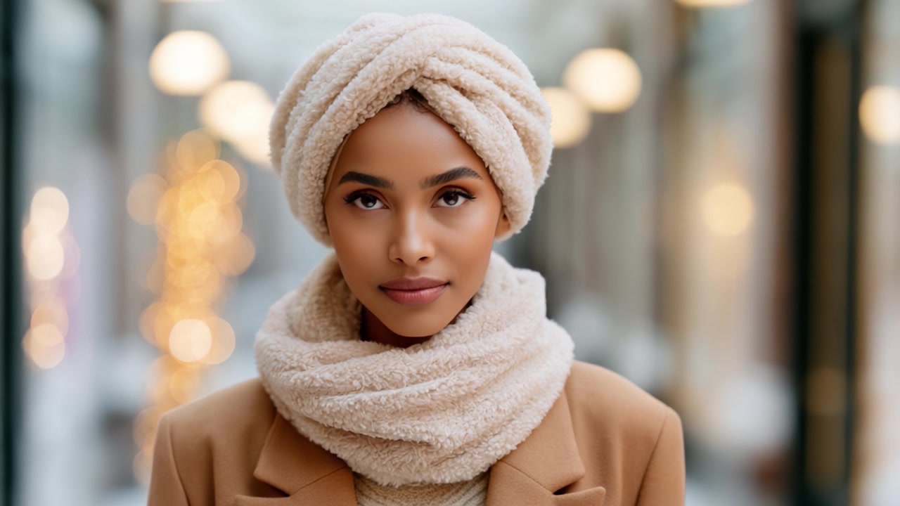 Un delicato ritratto di una donna serena in abbigliamento confortevole, catturato in un ambiente interno illuminato delicatamente con luci calde e un'atmosfera tranquilla.