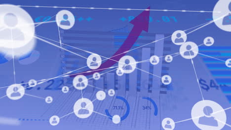 animación de la red de iconos de perfil y procesamiento de datos estadísticos contra un fondo azul