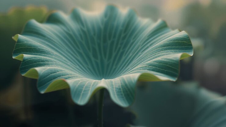 Soft morning light backlighting teal-green lotus leaf rising above pond, showcasing scalloped veins
